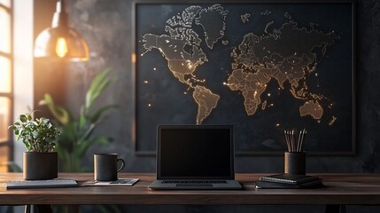 Poster - Laptop on desk with world map, plant, and coffee cup.