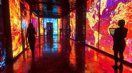 Poster - Silhouetted figures explore a futuristic corridor displaying vibrant data visualizations on large screens.