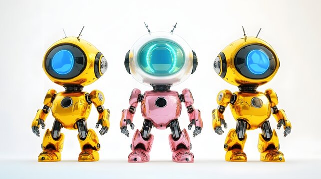 Three Metallic Robots Stand Together A Futuristic Trio