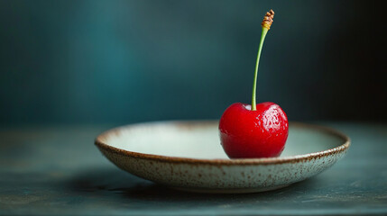 Wall Mural - A single cherry rests on a ceramic plate surrounded by a blurred background symbolizing simplicity solitude fleeting beauty and the delicate balance of minimalism against the chaos of life

