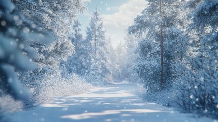 Sticker - Frosty winter landscape in snowy forest. Christmas background with fir trees and blurred background of winter.