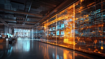 Poster - Futuristic data center with glowing digital displays and server room.