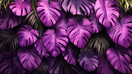 Wall Mural - stunning background of beautiful purple tropical leaves, exuding elegance and mystery. The intricate patterns symbolize transformation, creativity, and balance amidst the chaos of nature