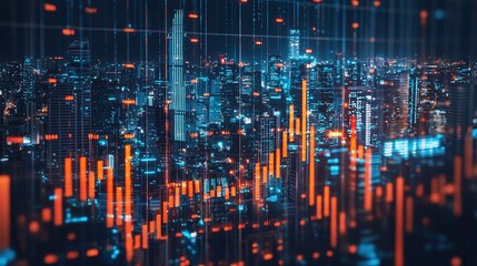 Poster - Night city skyline with superimposed financial data charts.