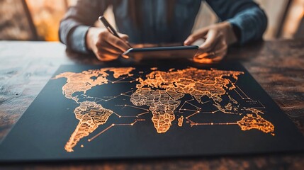 Leinwandbilder - Person planning global strategy on world map.