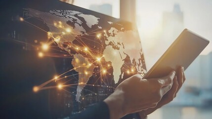 Poster - Global network connection on laptop and tablet.