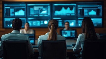 Poster - A group of professionals analyzing data on large screens in a modern conference room, focusing on digital metrics and statistics.
