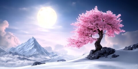 Wall Mural - A tree in the middle of a snowy landscape with mountains in the background