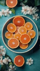 Wall Mural - Fresh oranges arranged in a blue bowl on a sunny kitchen counter by a window