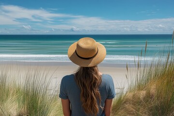 Wall Mural - Woman wearing straw hat enjoys serene beach view with ocean waves under clear blue sky