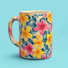 Wall Mural - Floral mug with yellow and pink flowers.