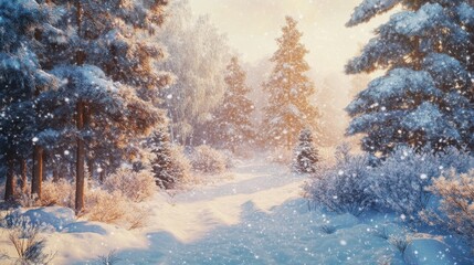 Wall Mural - Snowfall in winter forest.Beautiful landscape with snow covered fir trees and snowdrifts.Merry Christmas and happy New Year greeting background with copy-space.Winter fairytale.