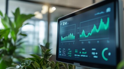 Poster - monitoring stock market trends office environment digital display indoor plants analytical viewpoint