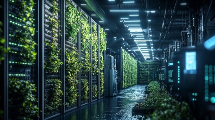 Poster - Green server room with plants, technology, and cooling system.