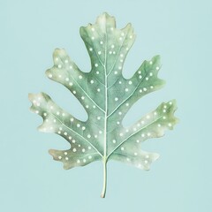 Canvas Print - Single green leaf with white dots on light blue background.