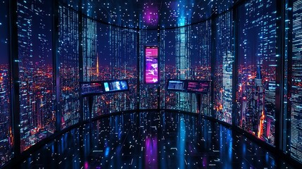 Poster - Futuristic control room overlooking a vibrant, glowing cityscape at night.