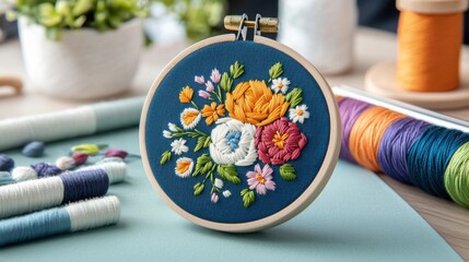 Wall Mural - Creative embroidery design display featuring colorful floral patterns for custom handmade crafts