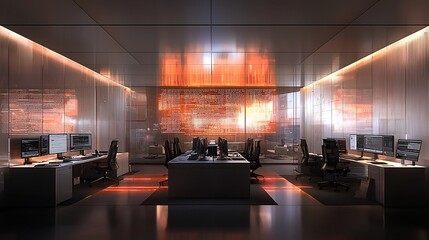 Poster - Modern tech office with glowing data wall.