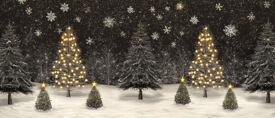 Wall Mural - Illuminated Christmas trees in snowy winter forest at night.