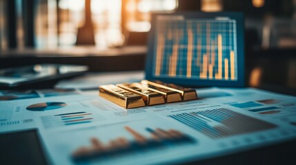 Poster - Analyzing market trends with gold bars on financial reports office business data visualization professional environment close-up view