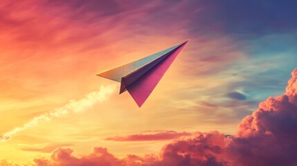 Poster - Soaring paper airplane against vibrant sunset sky outdoor scene digital art inspirational atmosphere creative perspective