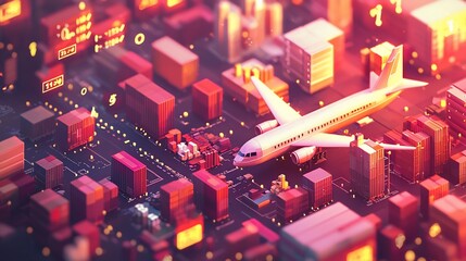 Poster - Airplane above stylized city, depicting global trade and logistics.