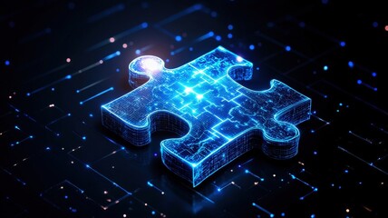 Poster - A glowing digital puzzle piece against a dark backdrop, symbolizing connection, technology, and problem-solving in a modern, abstract style.