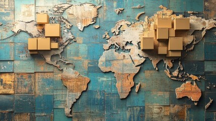 Poster - Global trade dynamics world map digital artwork urban environment aerial view logistics and commerce impact