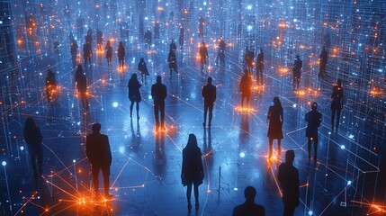 Aufkleber - Silhouetted figures in a glowing network.