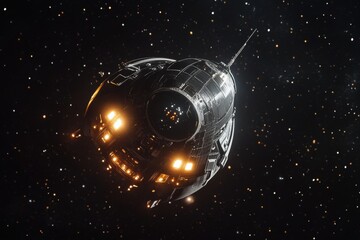 Wall Mural - Futuristic spacecraft navigating through a starry galaxy with glowing lights and cosmic clouds