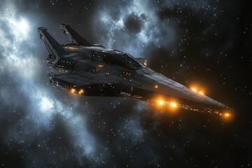 Wall Mural - Futuristic spacecraft navigating through a starry galaxy with glowing lights and cosmic clouds