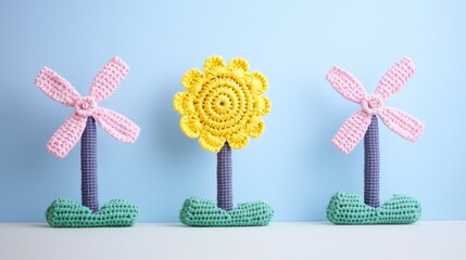 Wall Mural - Handmade crochet flower and windmill decorations in bright colors for home decor and craft inspiration