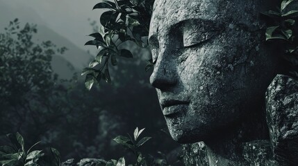 Weathered stone face statue nestled in lush jungle foliage.