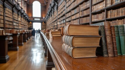 Historic university library with rows of leather-bound books for academic inspiration and research