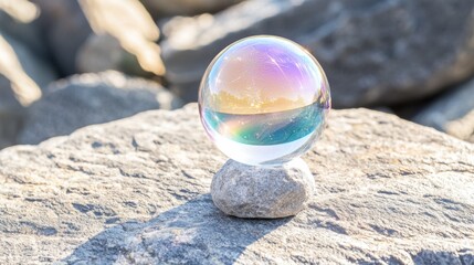 Iridescent soap bubble on rock illuminated by sunlight