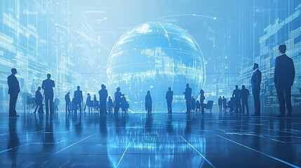 Poster - Global business network, people silhouettes and world map.