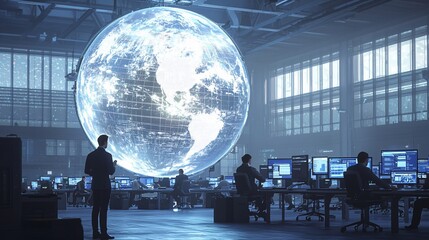 Poster - Global network, data center, tech professionals working late.