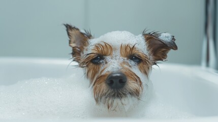 Pampered pooch delight: dog luxuriating in a refreshing bubble bath at a modern pet spa