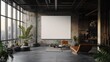 © Watanabe - A large blank canvas hangs in a modern industrial loft apartment. The space is decorated with plants, leather furniture, and a minimalist aesthetic.