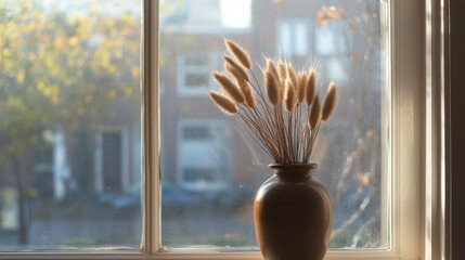 Poster - Dried grasses arranged in simple vase on window sill with soft natural light in urban setting