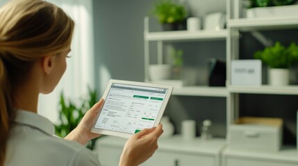 Poster - Analyzing business performance using tablets in modern office spaces with greenery and minimalist design