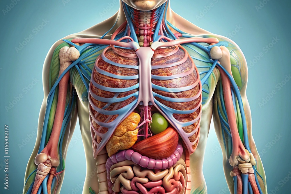 Anatomical Diagram of Human Torso Showing Detailed Internal Organ ...