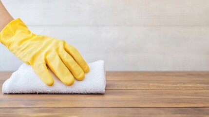 Spring cleaning concept with gloved hand sanitizing desk surfaces for organization and hygiene