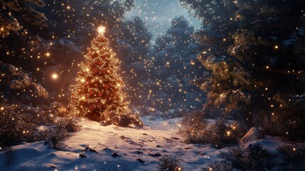 Wall Mural - Fantastic winter landscape with christmas tree. 3D rendering. Christmas background with christmas tree, snow and stars. Beautiful christmas night, Generative AI