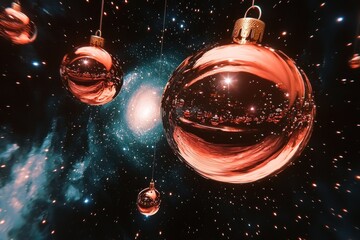 Wall Mural - Rose gold Christmas baubles float in a cosmic nebula.