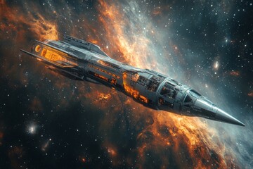 Wall Mural - Futuristic spacecraft traveling through a vibrant cosmic landscape filled with stars and nebulae