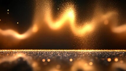Poster - Rippling golden particles create an ethereal atmosphere in a darkened space with soft glowing lights