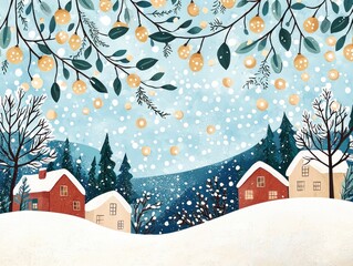 Wall Mural - Snowy winter village scene with illuminated branches and falling snow.