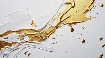 Poster - Artistic expression through gold and white paint splashes studio setting abstract artwork creative environment close-up view