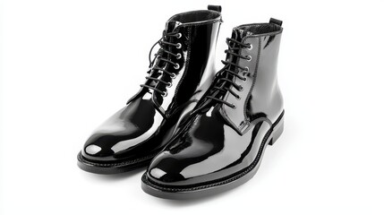 Poster - A pair of black leather boots with a shiny finish placed on white isolated background